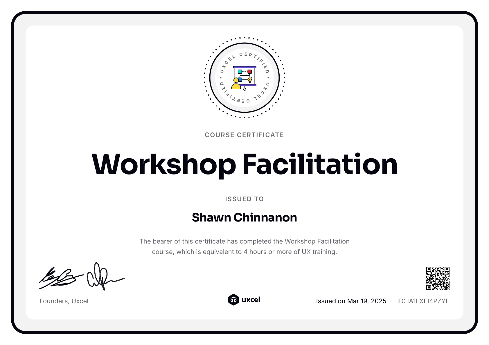 Shawn Chinnanon's certificate